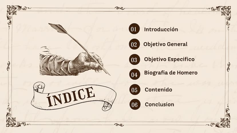 HISTORIA DE
HOMERO
he
now. 01 Introducción
02 Objetivo General
03 Objetivo Especifico
04 Biografia de Homero
ÍNDICE
05
Contenido
06 Conclusi
