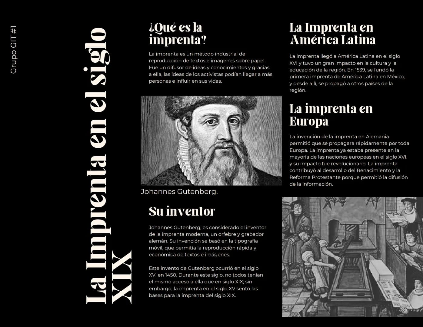 Grupo GIT #1
La Imprenta en el siglo
XIX
¿Qué es la
imprenta?
La imprenta es un método industrial de
reproducción de textos e imágenes sobre