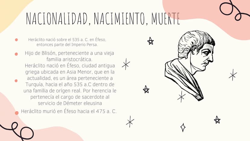 Ж
HERACLITO
* NACIONALIDAD, NACIMIENTO, MUERTE
*
Heráclito nació sobre el 535 a. C. en Éfeso,
entonces parte del Imperio Persa.
Hijo de Blis