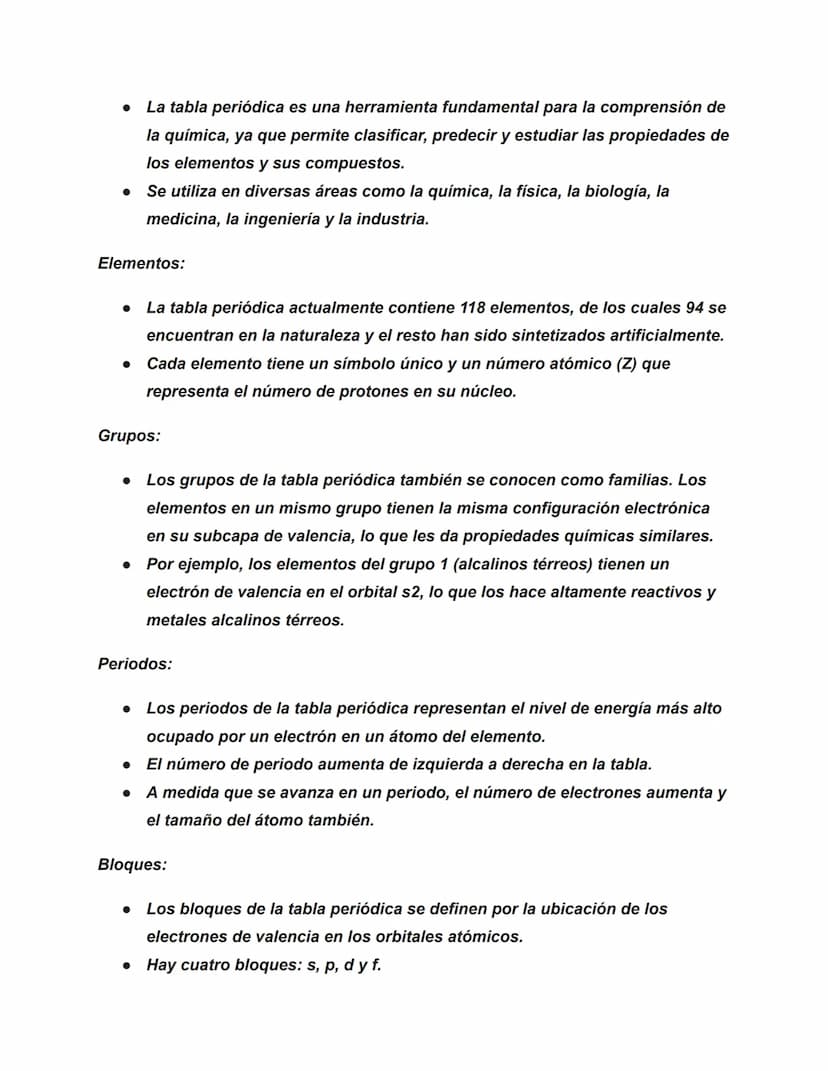 Tabla periódica
Es una tabla que organiza los elementos químicos en orden de su número
atómico, configuraciones electrónicas y propiedades q