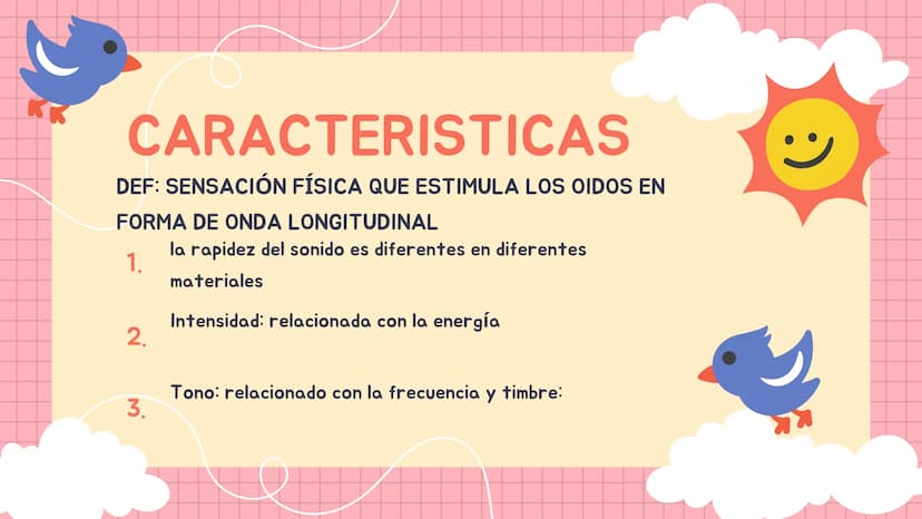 SONIDO CARACTERISTICAS
DEF: SENSACIÓN FÍSICA QUE ESTIMULA LOS OIDOS EN
FORMA DE ONDA LONGITUDINAL
1.
2.
la rapidez del sonido es diferentes 