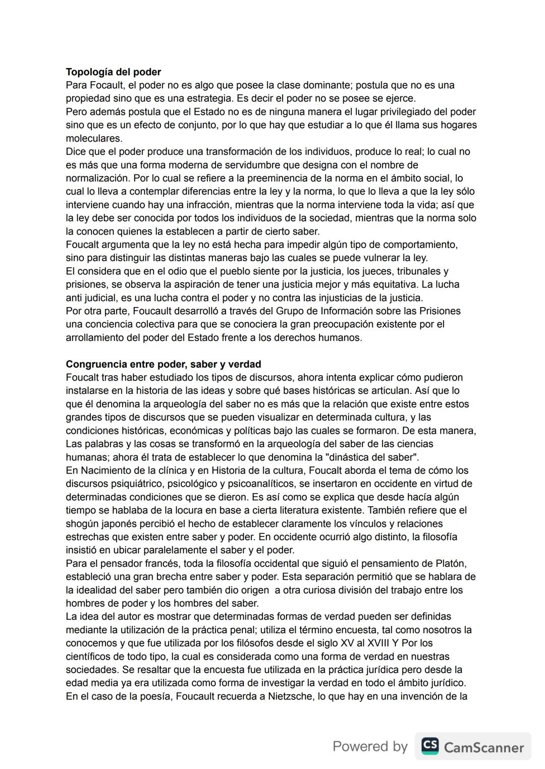 Topología del poder
Para Focault, el poder no es algo que posee la clase dominante; postula que no es una
propiedad sino que es una estrateg