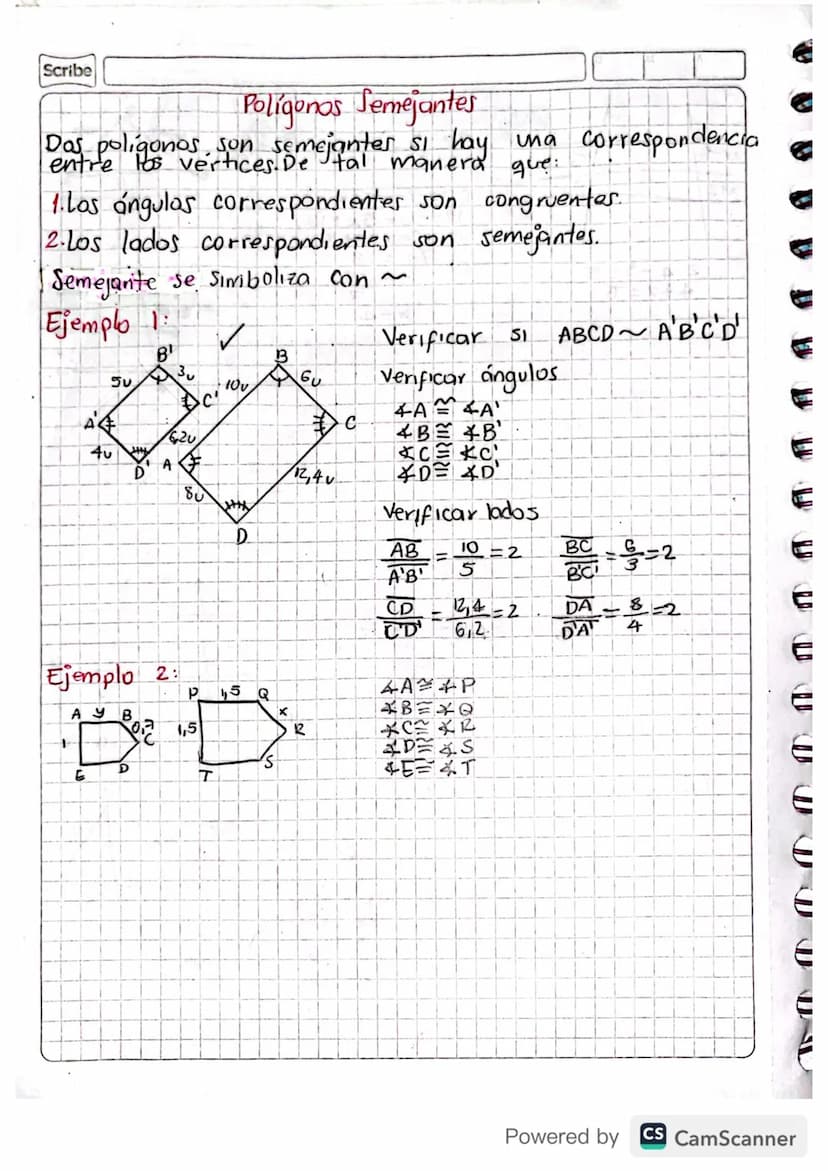 Scribe
Polígonos Semejantes
Dos poligonos son semejanter si hay una correspondencia
entre los vertices. De tal manera que:
tre los ver
1. Lo