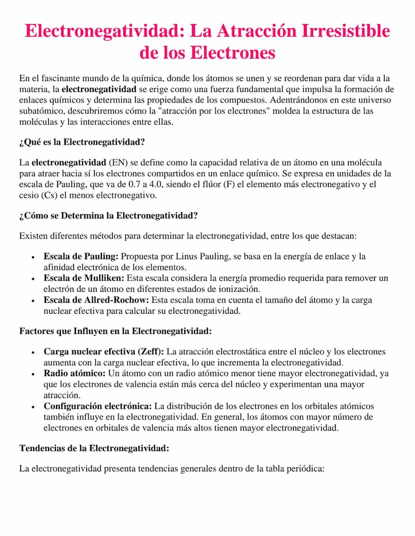 Electronegatividad: La Atracción Irresistible
de los Electrones
En el fascinante mundo de la química, donde los átomos se unen y se reordena
