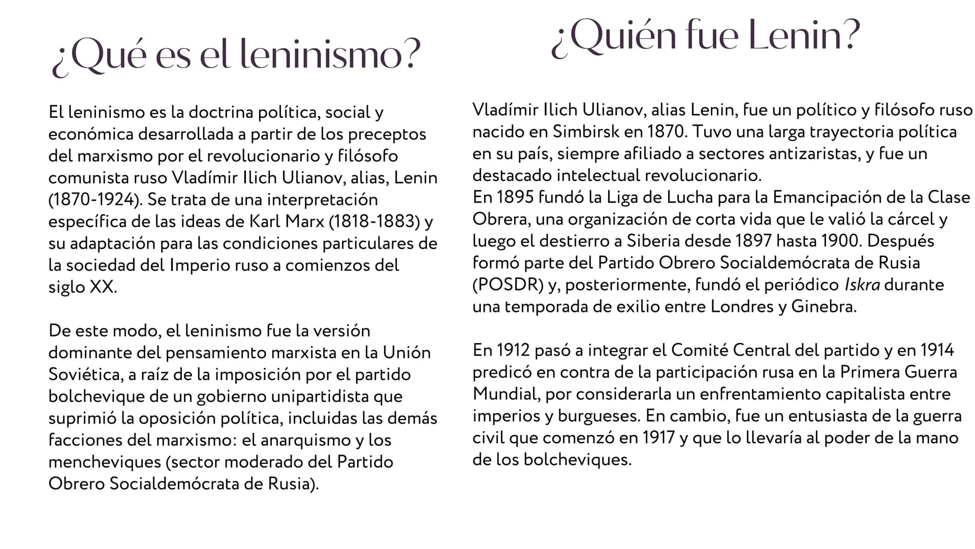 LENINISMO ¿Qué es el leninismo?
El Leninismo es la doctrina política, social y
económica desarrollada a partir de los preceptos
del marxismo