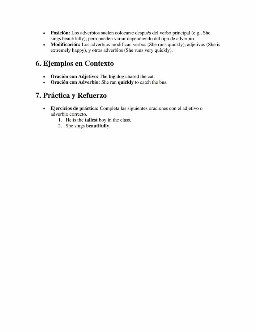 Adjetivos y Adverbios
APUNTES//
1. Adjetivos
•
Definición: Los adjetivos son palabras que describen o modifican sustantivos y
pronombres, in