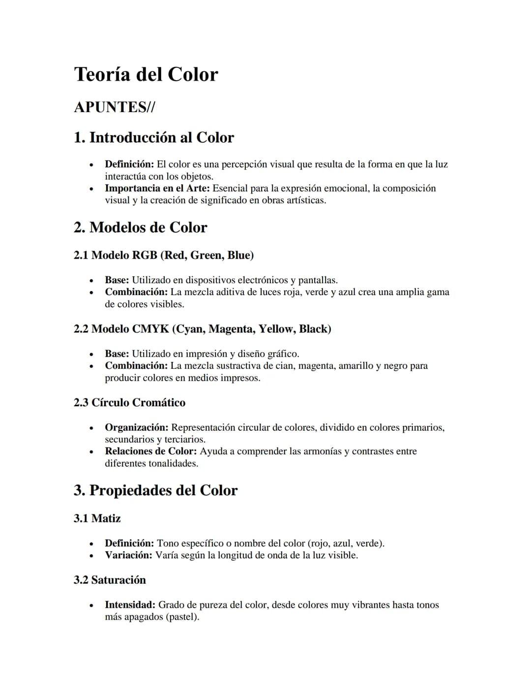Teoría del Color
APUNTES//
1. Introducción al Color
•
•
Definición: El color es una percepción visual que resulta de la forma en que la luz
