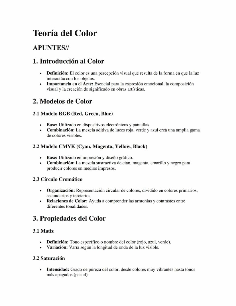 Teoría del Color
APUNTES//
1. Introducción al Color
•
•
Definición: El color es una percepción visual que resulta de la forma en que la luz
