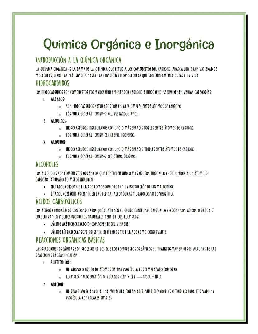 Química Orgánica e Inorgánica
INTRODUCCIÓN A LA QUÍMICA ORGÁNICA
LA QUÍMICA ORGÁNICA ES LA RAMA DE LA QUÍMICA QUE ESTUDIA LOS COMPUESTOS DEL