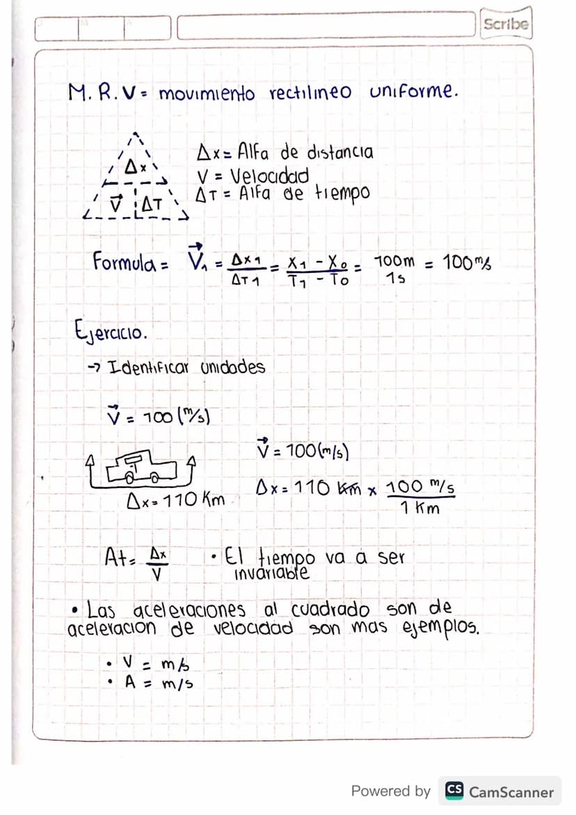 M.R.V= movimiento rectilineo uniforme.
Ax= Alfa de distancia
Scribe
✓ = Veloadad
AT
AT = Alfa de tiempo
Formula = V₁ = Axa
=
× ₁ - X0 = 100m