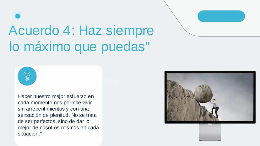 • Acuerdo N°1
Los Cuatro
Acuerdos"
Introducción al tema y
presentación del libro.
.
Acuerdo N°2
Acuerdo N°3
• Acuerdo N°4
Causas básicas de 