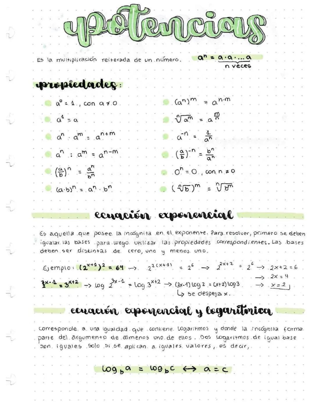 potencias
Es la multiplicación reiterada de un numero.
an = a. a.... a
n veces
propiedades:
a° = 1., con a 7.0
(an)m =
n.m
a₁ = a
Vam
= a
an