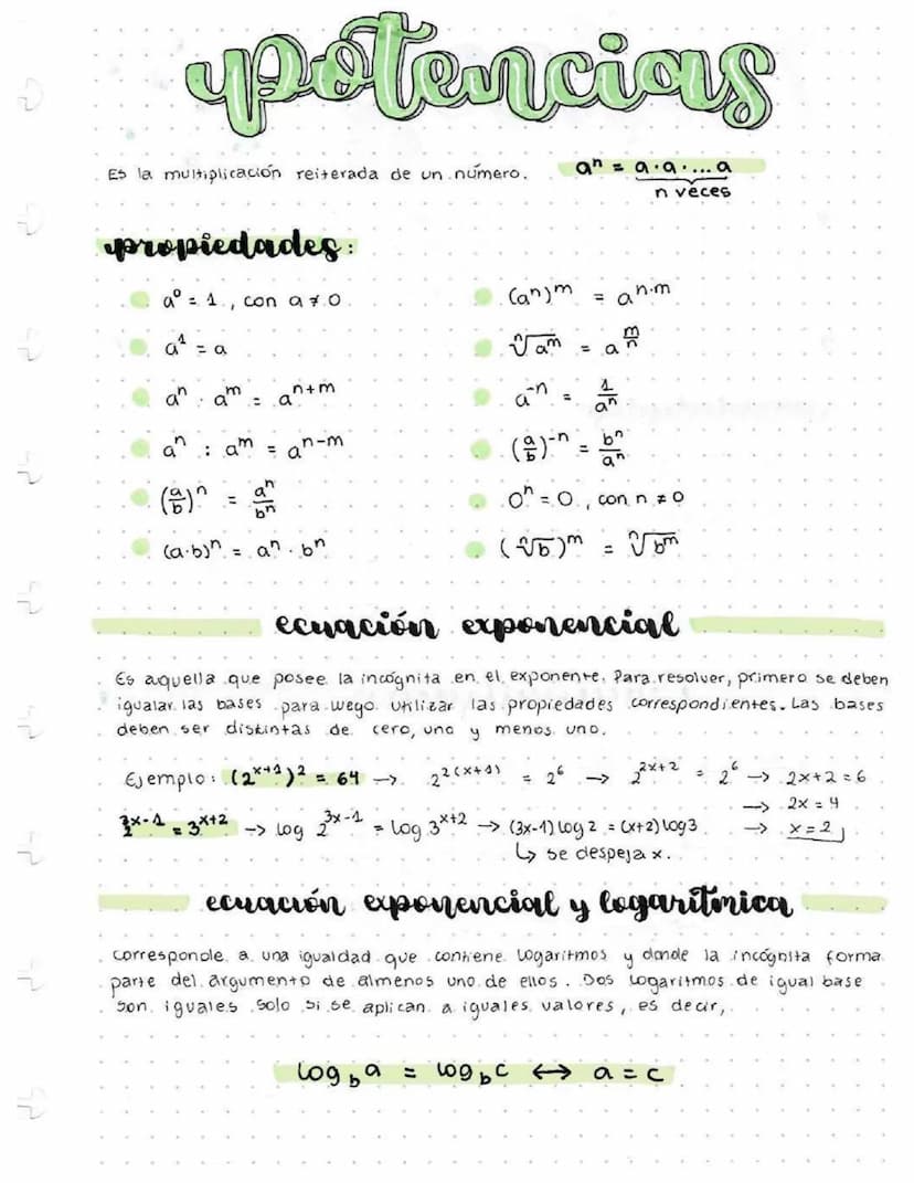 potencias
Es la multiplicación reiterada de un numero.
an = a. a.... a
n veces
propiedades:
a° = 1., con a 7.0
(an)m =
n.m
a₁ = a
Vam
= a
an