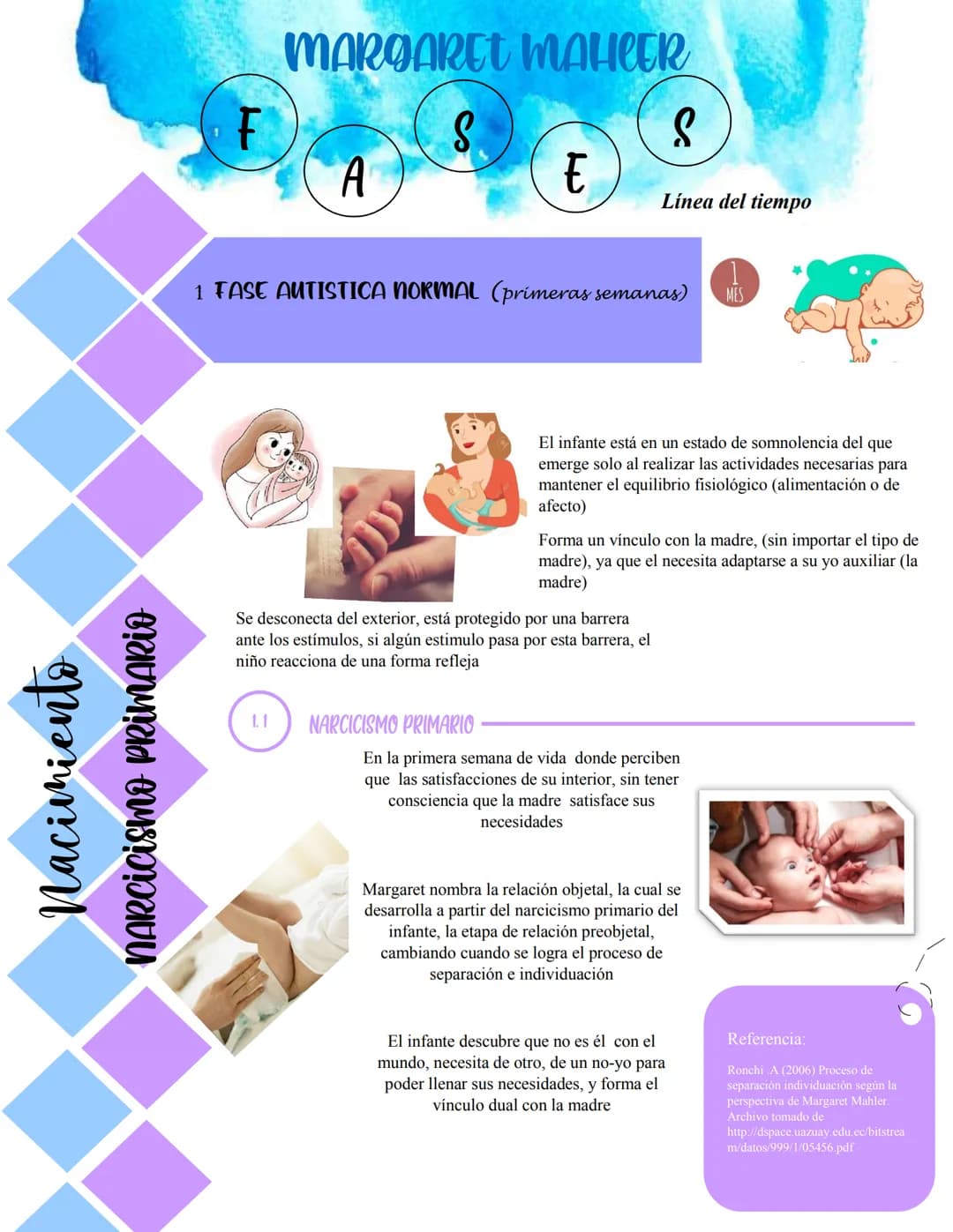 Nacimiento
NARCicismo PRIMARIO
MARGARET MAHCER
F
S
A
E
Línea del tiempo
1 FASE AUTISTICA NORMAL (primeras semanas)
MES
El infante está en un