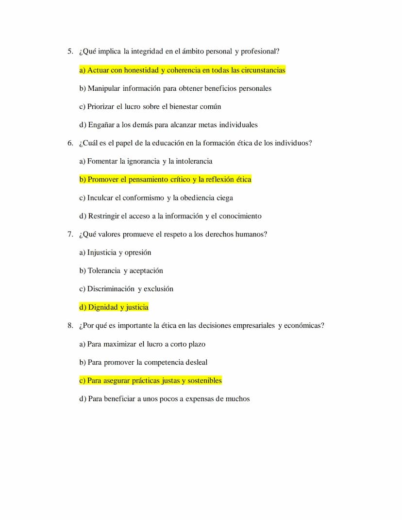 Examen de Ética y Valores
Instrucciones: Lee cada pregunta cuidadosamente y selecciona con un resaltador la opción
que consideres correcta.
