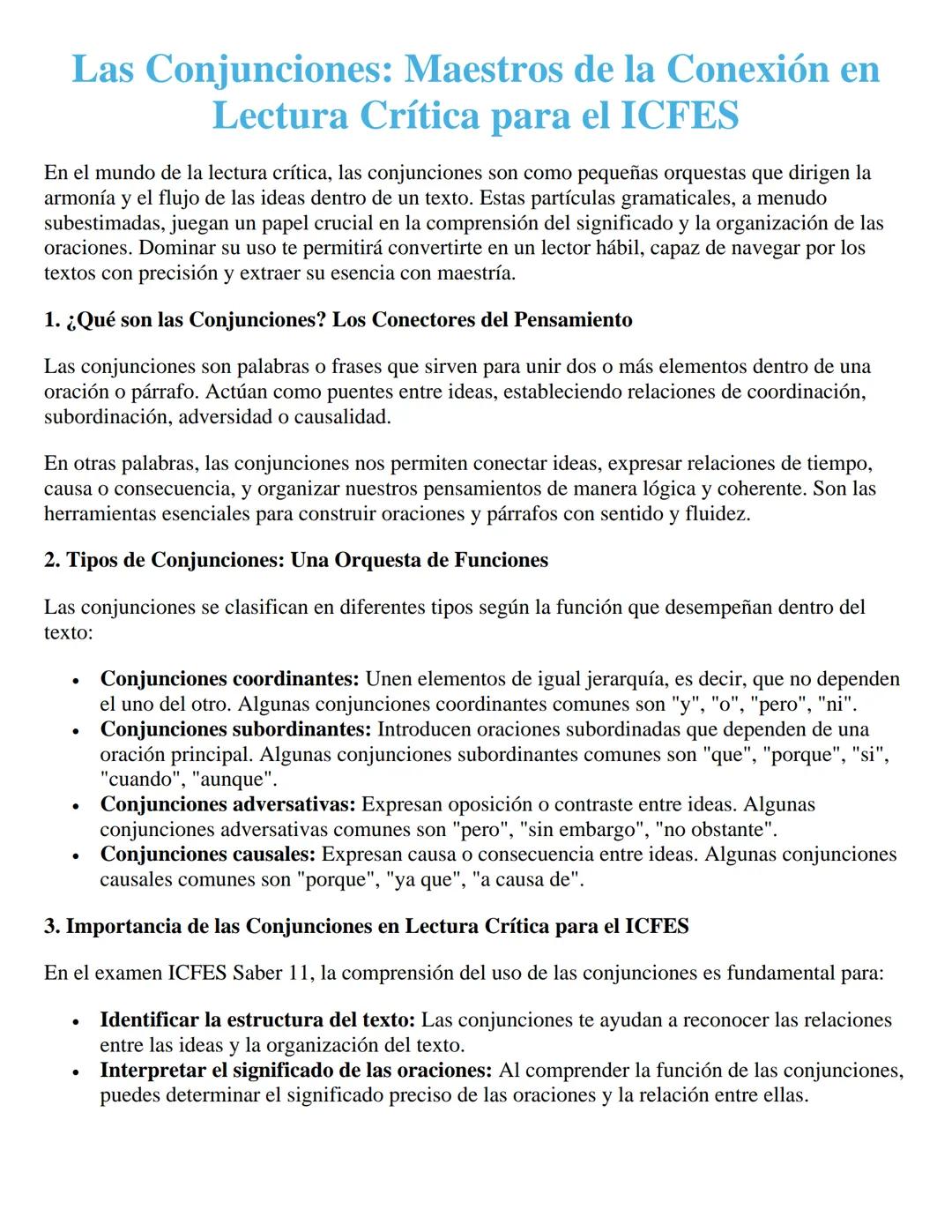 Las Conjunciones: Maestros de la Conexión en
Lectura Crítica para el ICFES
En el mundo de la lectura crítica, las conjunciones son como pequ