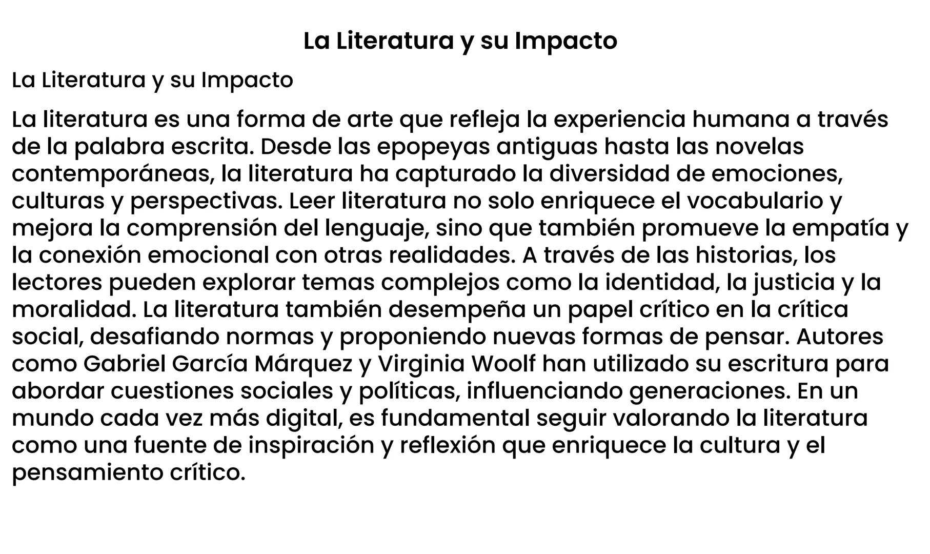 # La Literatura y su Impacto

La Literatura y su Impacto

La literatura es una forma de arte que refleja la experiencia humana a través
de l