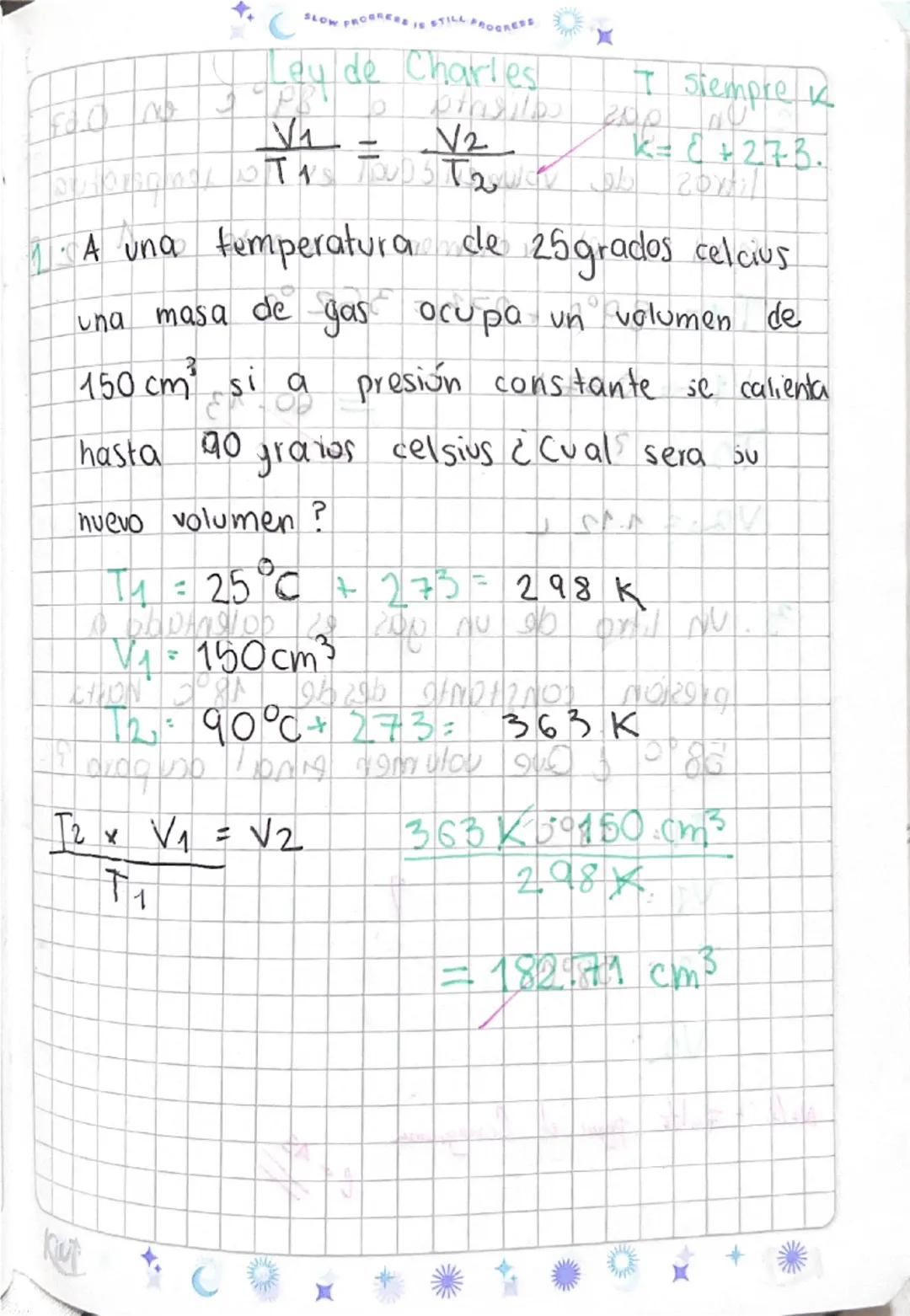 CLOW PROGRESS
Leu de Charles

$
\frac{V1}{T1} = \frac{V2}{T2}
$

X siempre k
k= 8 +27-3.

1. A una temperatura de 25 grados celcius
una masa