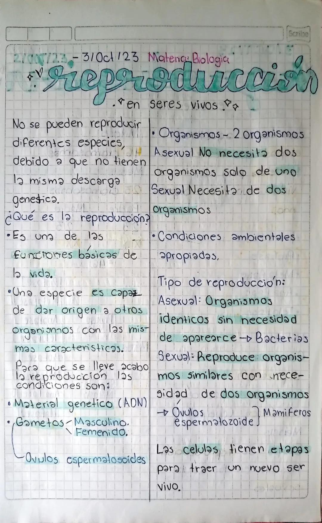 21000723-3/Oct/23 Matenge Biologia
Scribe]
*reproducción
en seres vivos
No se
diferentes especies,
pueden reproducir
debido a que no tienen
