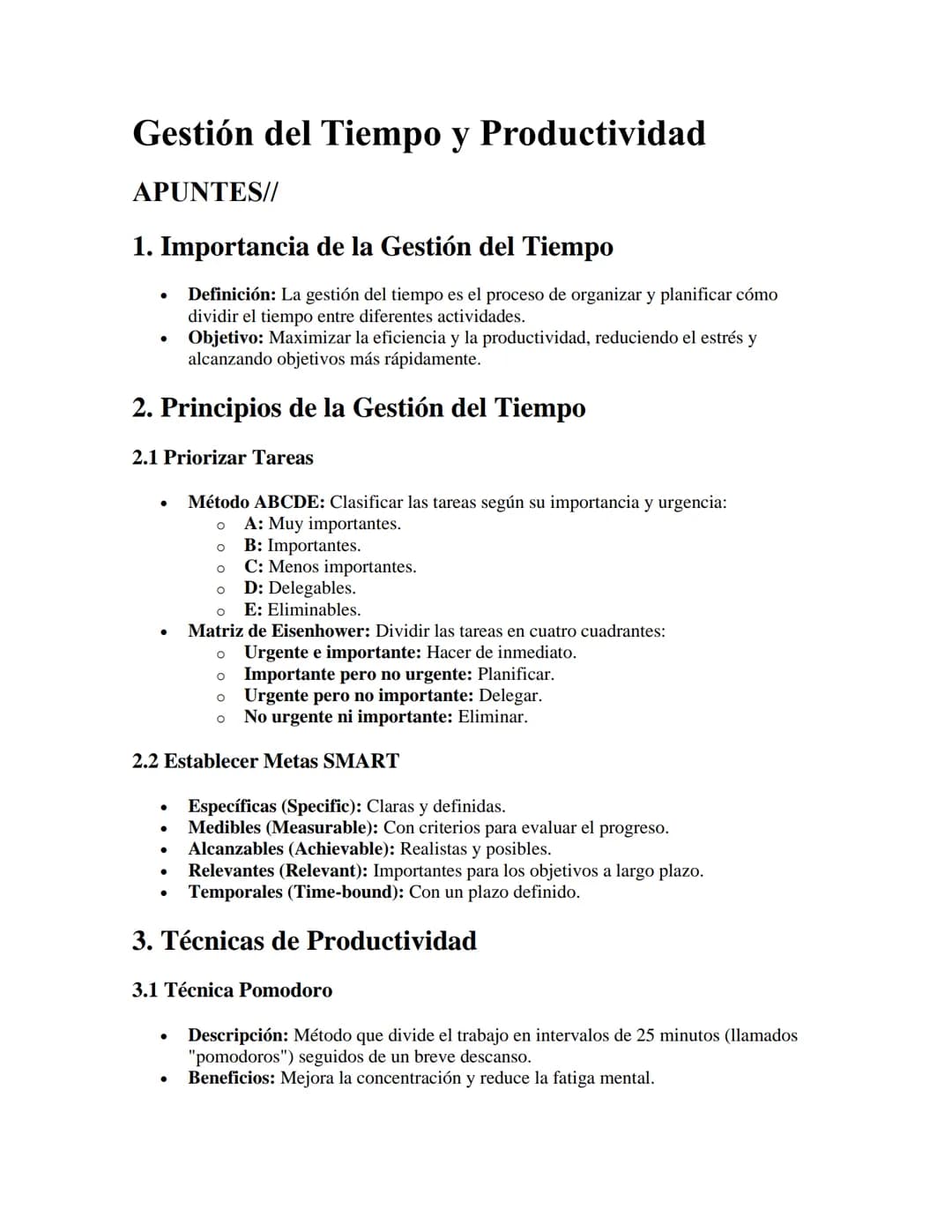 Gestión del Tiempo y Productividad
APUNTES//
1. Importancia de la Gestión del Tiempo
•
•
Definición: La gestión del tiempo es el proceso de 