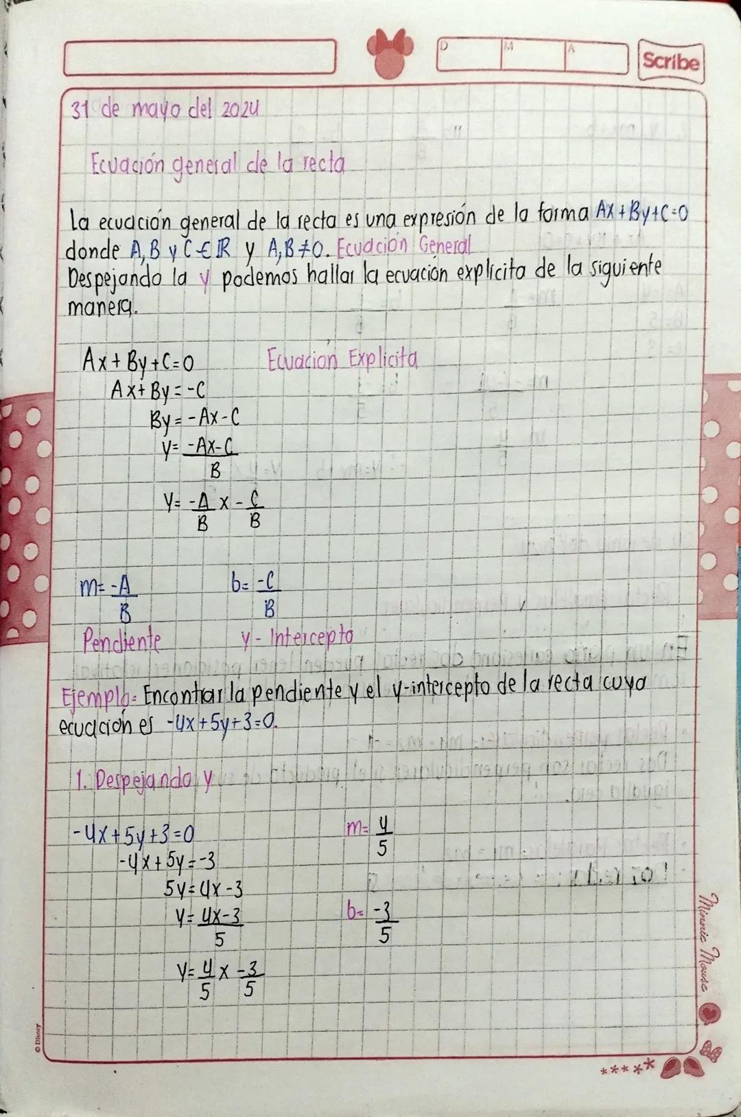 M
Scribe
31 de mayo del 2020
Ecuación general de la recta
La ecuación general de la recta es una expresión de la forma Ax + By +C÷0
donde A,
