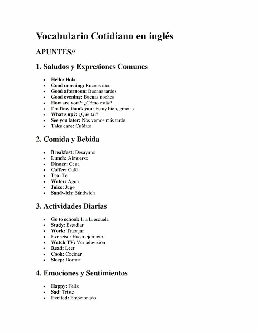Vocabulario Cotidiano en inglés
APUNTES//
1. Saludos y Expresiones Comunes
•
Hello: Hola
Good morning: Buenos días
• Good afternoon: Buenas 