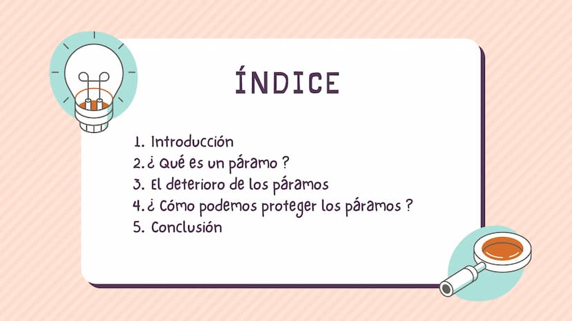 ÍNDICE
1. Introducción
2. ¿Qué es un páramo ?
3. El deterioro de los páramos
4. ¿Cómo podemos proteger los páramos?
5. Conclusión INTRODUCCI