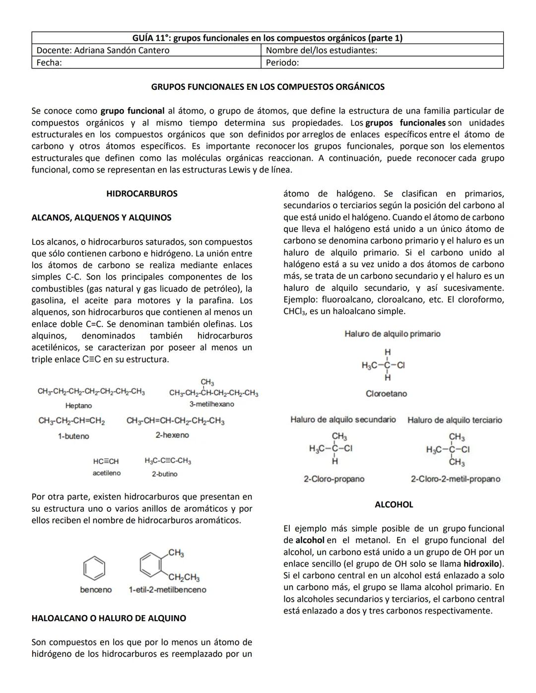 GUÍA 11°: grupos funcionales en los compuestos orgánicos (parte 1)
Nombre del/los estudiantes:
Periodo:
Docente: Adriana Sandón Cantero
Fech