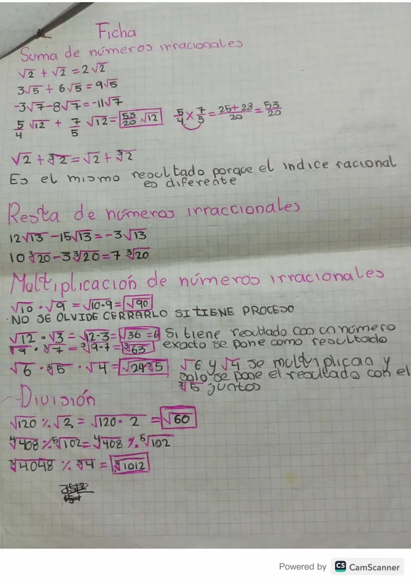 Ficha
Suma de números irracionales
√2 + √2=2√2
3√5+6√5=95
-3√√7-8√7=-1117
/ 112+ / V12= 돌음/12 X1=25020=돌통
4
5
√2+32=√√2+32
Eo el mio mo
resu
