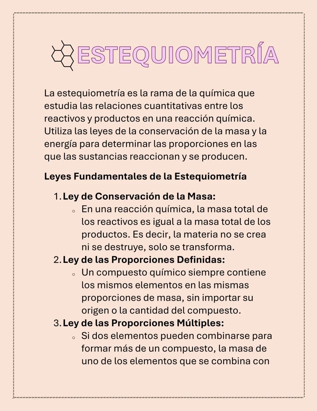 ESTEQUIOMETRÍA
La estequiometría es la rama de la química que
estudia las relaciones cuantitativas entre los
reactivos y productos en una re