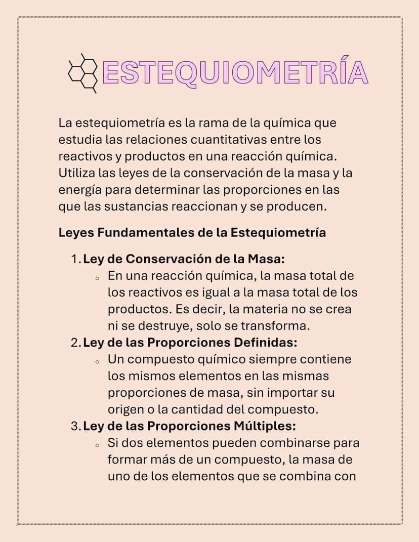 ESTEQUIOMETRÍA
La estequiometría es la rama de la química que
estudia las relaciones cuantitativas entre los
reactivos y productos en una re