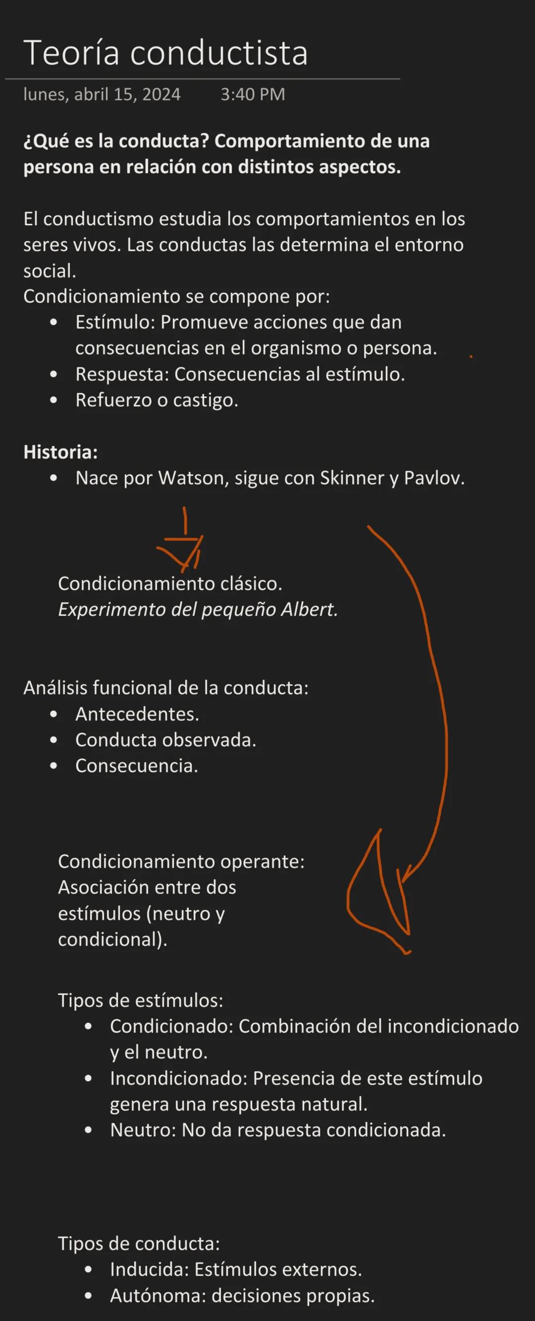 Teoría conductista
lunes, abril 15, 2024 3:40 PM
¿Qué es la conducta? Comportamiento de una
persona en relación con distintos aspectos.
El c
