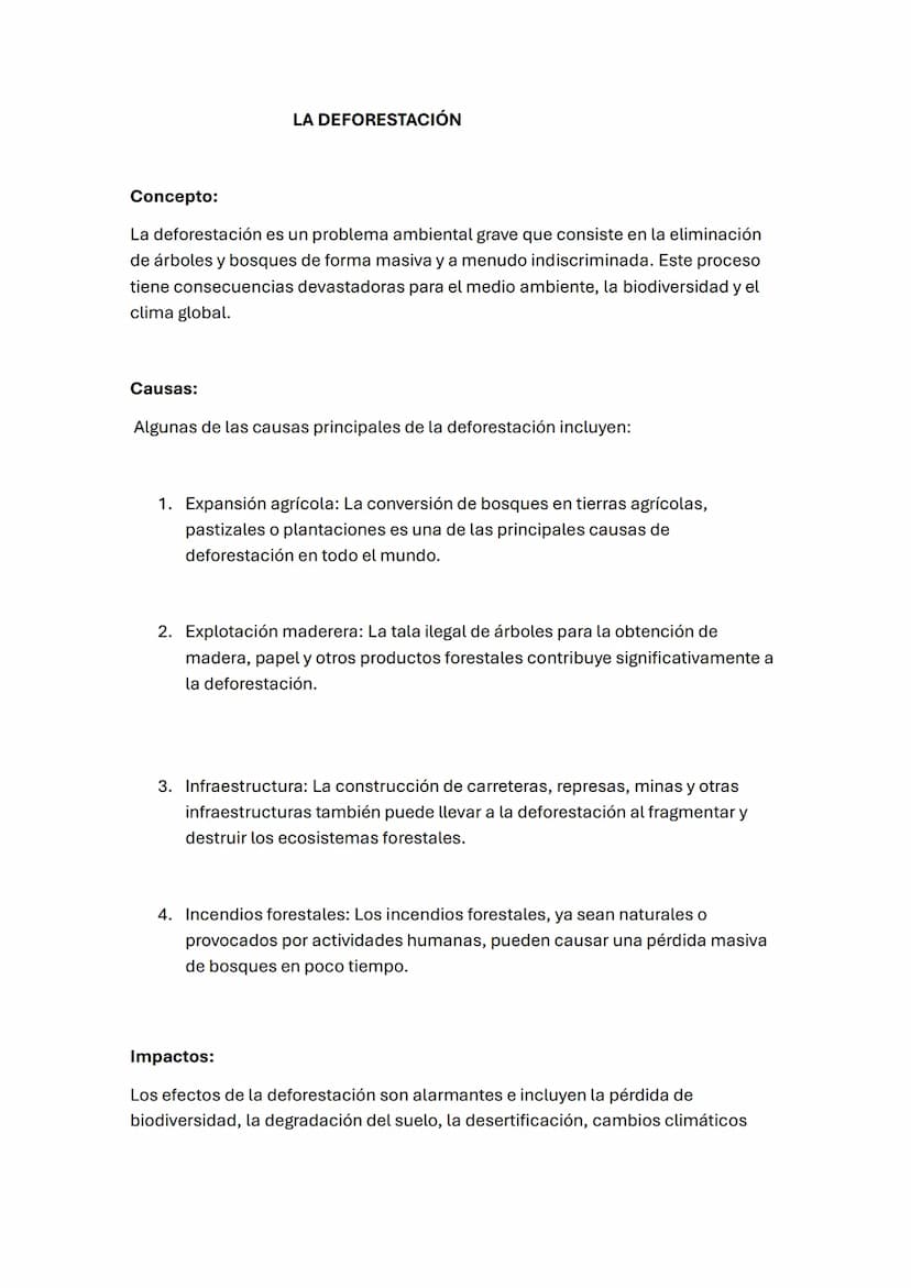 LA DEFORESTACIÓN
Concepto:
La deforestación es un problema ambiental grave que consiste en la eliminación
de árboles y bosques de forma masi
