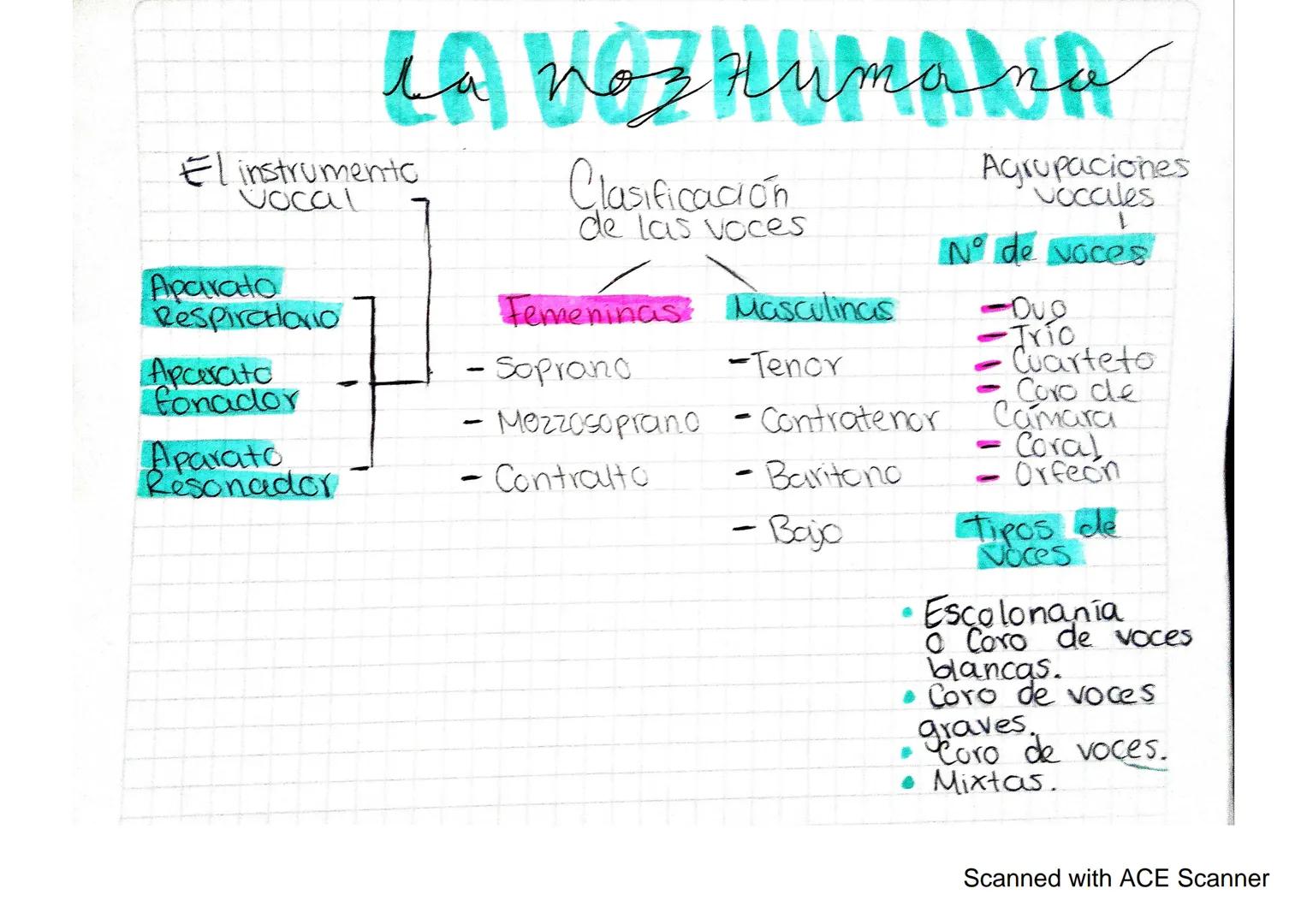 la nozHumana
El instrumento
Vocal
Clasificación
de las voces
Femeninas Masculinas
Agrupaciones
vocales
N° de voces
Aparato
Respiratorio
Apar
