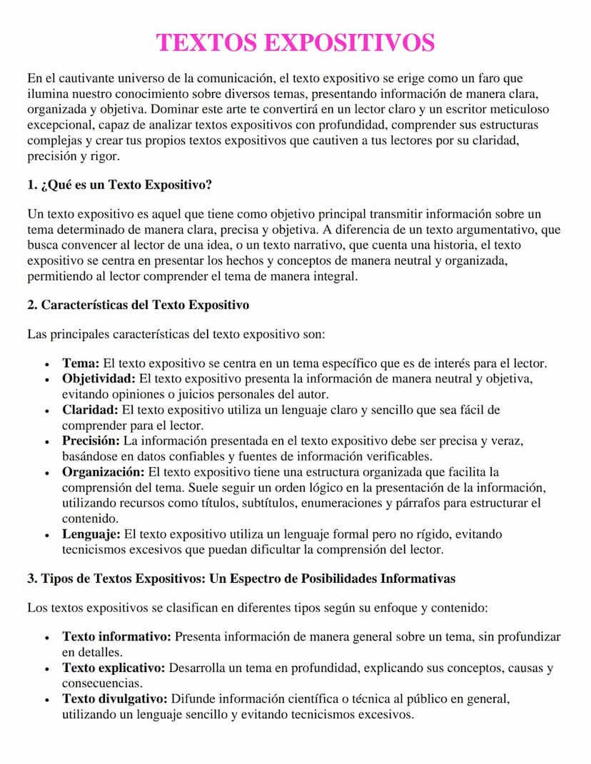 TEXTOS EXPOSITIVOS
En el cautivante universo de la comunicación, el texto expositivo se erige como un faro que
ilumina nuestro conocimiento 