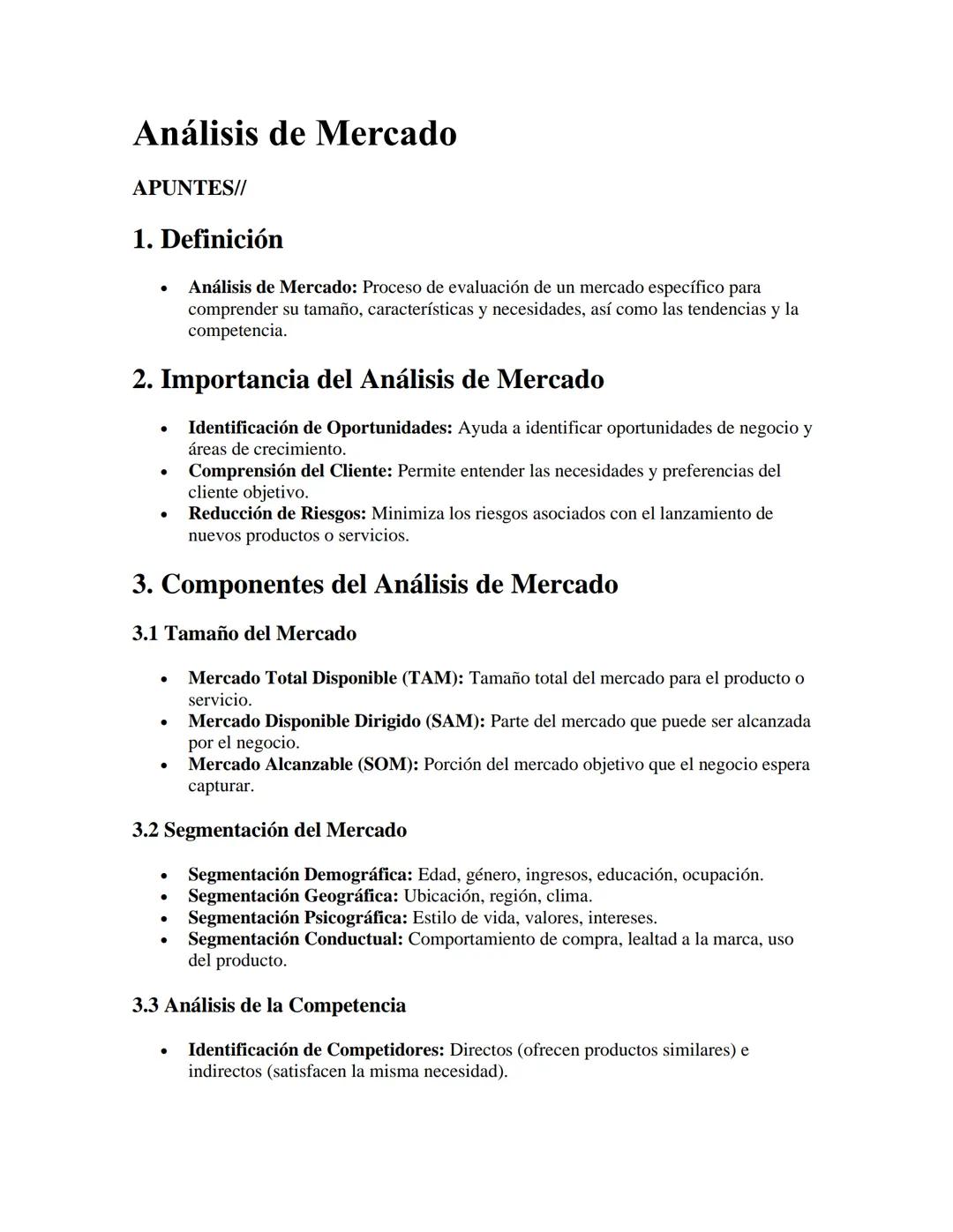 # Análisis de Mercado

APUNTES//

1. Definición

*   Análisis de Mercado: Proceso de evaluación de un mercado específico para
    comprender