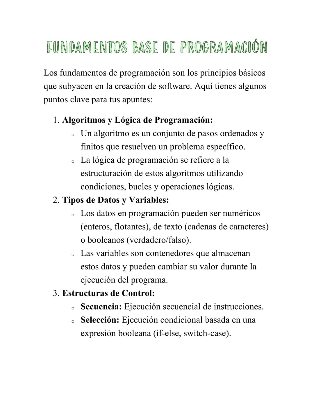 FUNDAMENTOS BASE DE PROGRAMACIÓN
Los fundamentos de programación son los principios básicos
que subyacen en la creación de software. Aquí ti