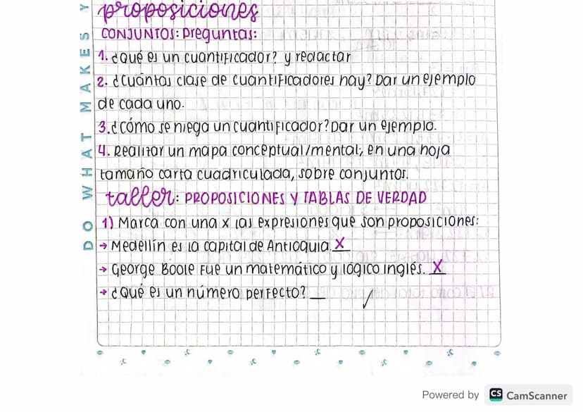 Y
proposiciones
in CONJUNTOS: preguntas:
1. ¿Qué es un cuantificador? y redactar
2. ¿Cuantas clase de cuantificadores nay? Dar un ejemplo
de