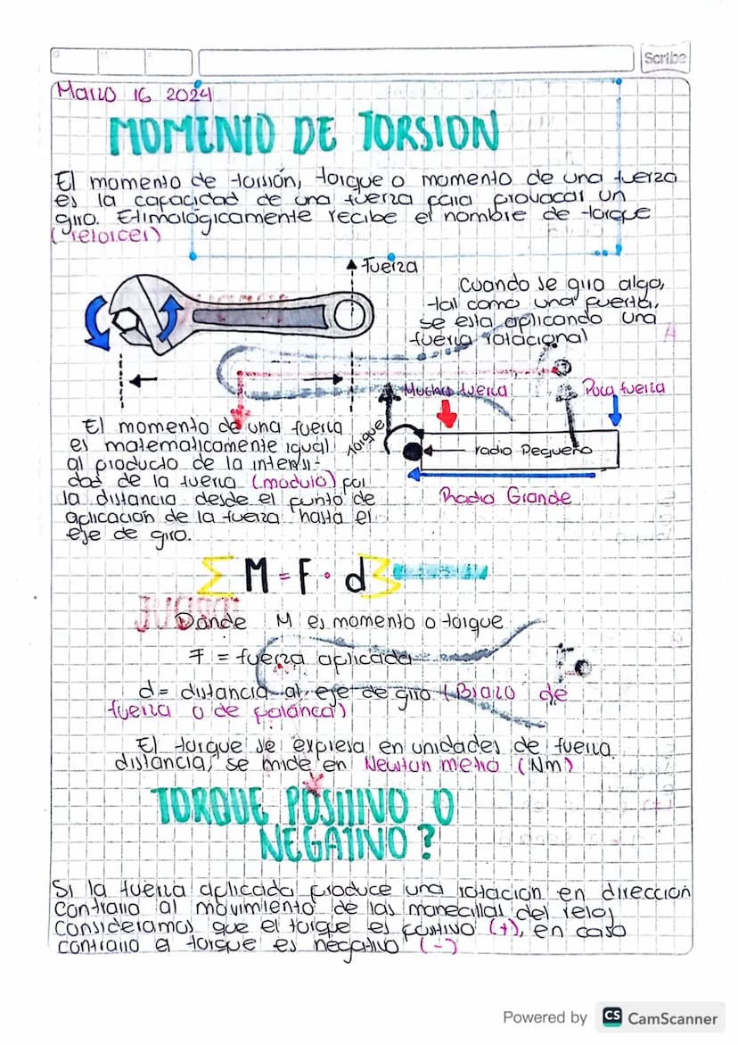 Marzo 16 2024.
MOMENIO DE TORSION
Scribe
10
El momento de torsion, torque o momento de una fuerza
es la capacidad de una fuerza falombre de 