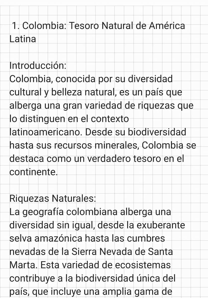 1. Colombia: Tesoro Natural de América
Latina
Introducción:
Colombia, conocida por su diversidad
cultural y belleza natural, es un país que
