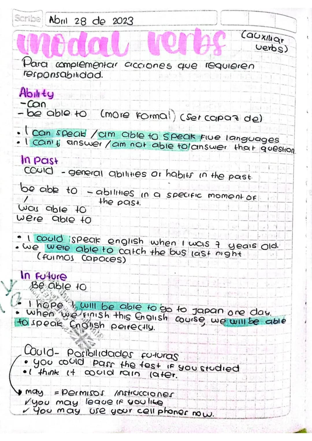 Scribe Abril 28 de 2023
modal verbs
Cauxmar
Para complementar acciones que requieren
responsabilidad.
Ability
-Can
verbs)
- be able to (more