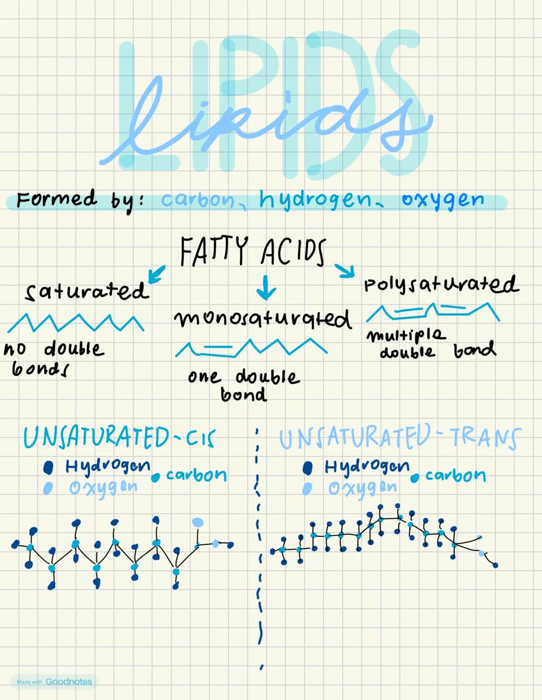 kirias
ds
Formed by: carbon, hydrogen, oxygen
FATTY ACIDS
monosaturated
Saturated
по double
bonds
one double
bond
Polysaturated
multiple
dou