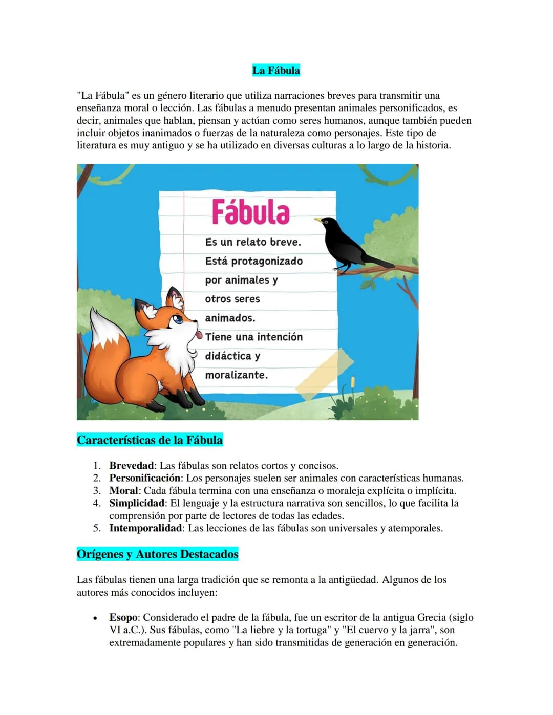 La Fábula
"La Fábula" es un género literario que utiliza narraciones breves para transmitir una
enseñanza moral o lección. Las fábulas a men