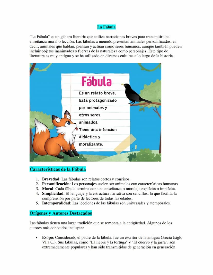La Fábula
"La Fábula" es un género literario que utiliza narraciones breves para transmitir una
enseñanza moral o lección. Las fábulas a men