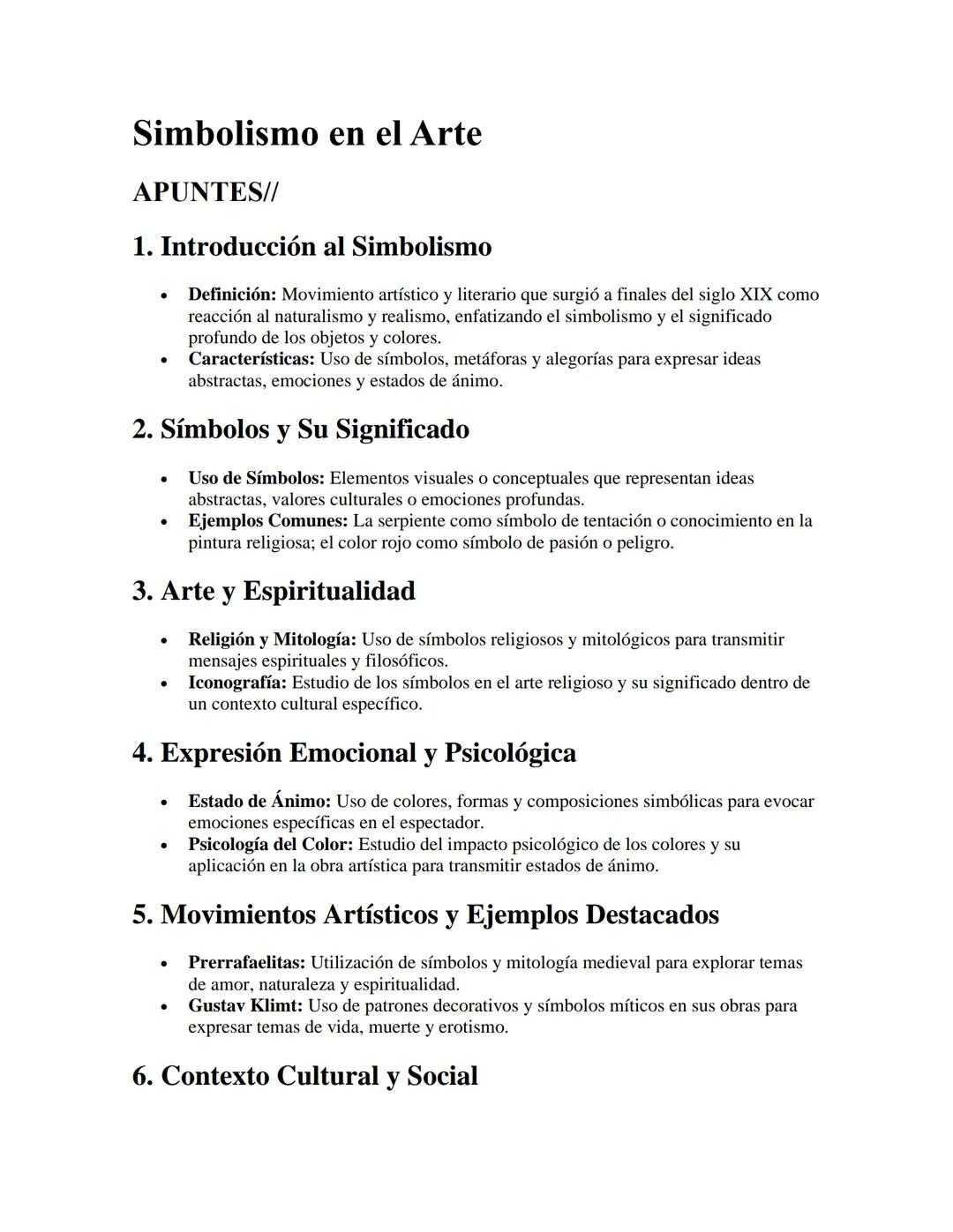 # Simbolismo en el Arte

APUNTES//

1. Introducción al Simbolismo

*   Definición: Movimiento artístico y literario que surgió a finales del