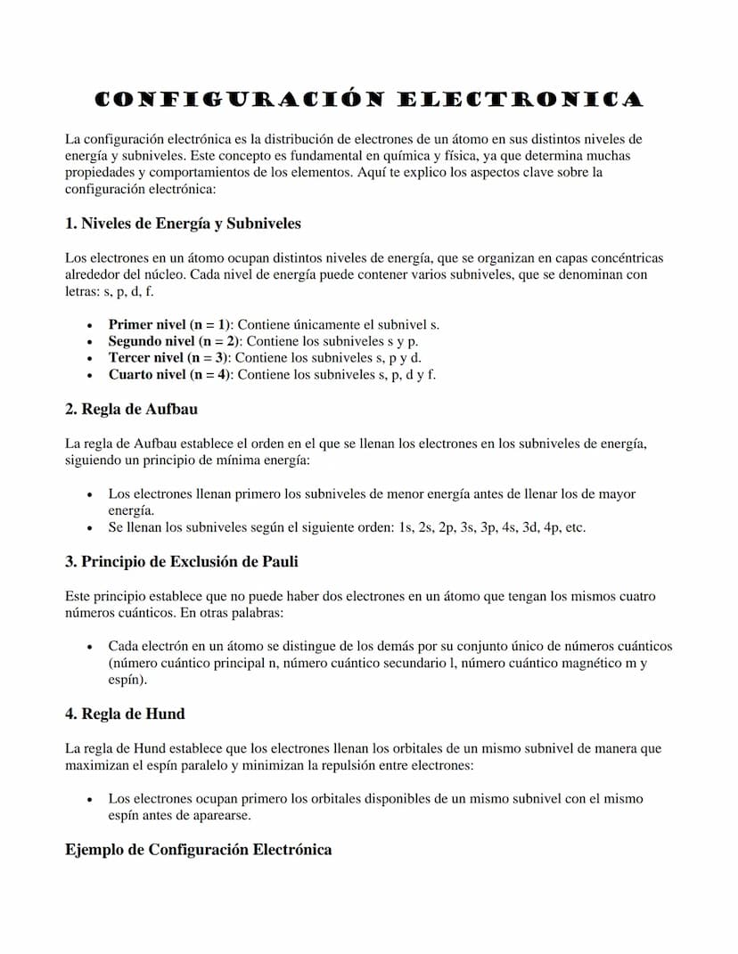 CONFIGURACIÓN ELECTRONICA
La configuración electrónica es la distribución de electrones de un átomo en sus distintos niveles de
energía y su