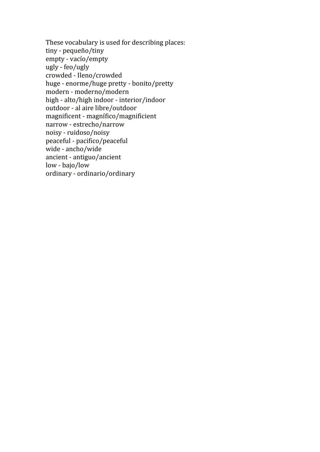 Vocabulario descripción de lugares