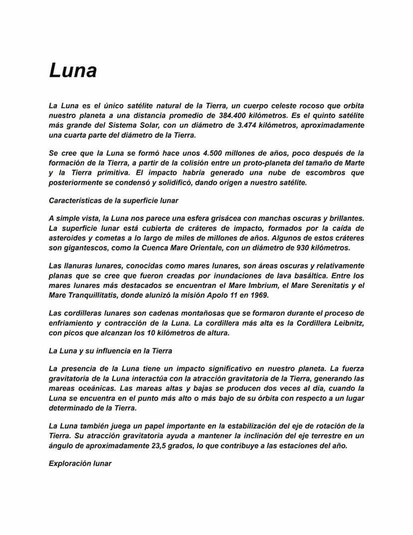 Luna
La Luna es el único satélite natural de la Tierra, un cuerpo celeste rocoso que orbita
nuestro planeta a una distancia promedio de 384.