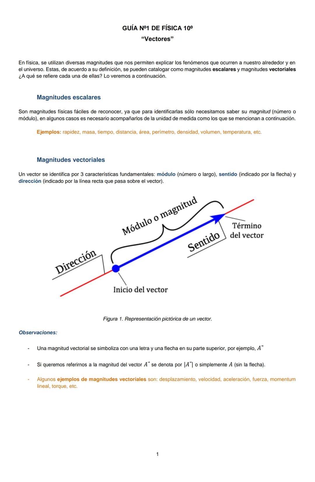 GUÍA Nº1 DE FÍSICA 10°
"Vectores"
En física, se utilizan diversas magnitudes que nos permiten explicar los fenómenos que ocurren a nuestro a
