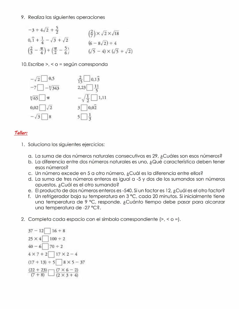 GUÍA 1 DE ALGEBRA: CONJUNTOS NUMÉRICOS
Actividades en clase:
1. Realiza los siguientes problemas relacionados con suma, resta, multiplicació